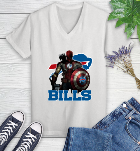 NFL Captain America Thor Spider Man Hawkeye Avengers Endgame Football Buffalo Bills Women's V-Neck T-Shirt