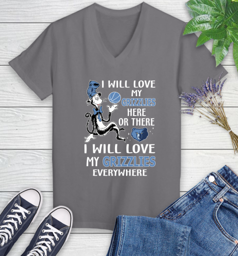 NBA Basketball Memphis Grizzlies I Will Love My Grizzlies Everywhere Dr Seuss Shirt Women's V-Neck T-Shirt 9