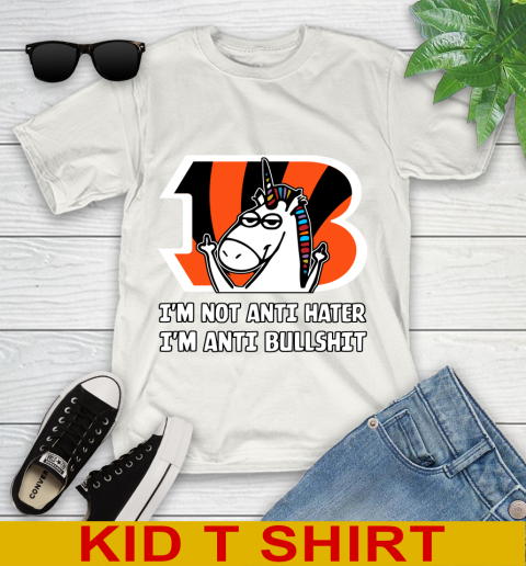 Cincinnati Bengals NFL Football Unicorn I'm Not Anti Hater I'm Anti Bullshit Youth T-Shirt