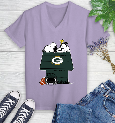 Green Bay Packers NFL Football Snoopy Woodstock The Peanuts Movie Women's V-Neck T-Shirt 14
