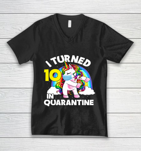 I Turned 10 In Quarantine Flossing Unicorn 10th Birthday V-Neck T-Shirt