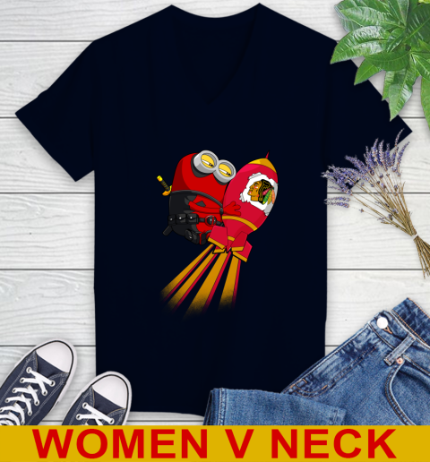 NHL Hockey Chicago Blackhawks Deadpool Minion Marvel Shirt Women's V-Neck T-Shirt 2