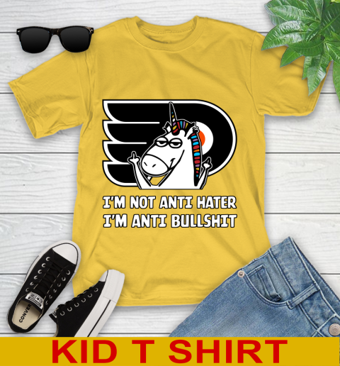 Philadelphia Flyers NHL Hockey Unicorn I'm Not Anti Hater I'm Anti Bullshit Youth T-Shirt 8