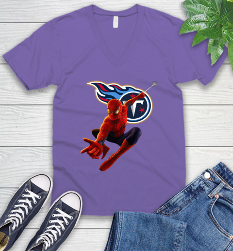 NFL Spider Man Avengers Endgame Football Tennessee Titans V-Neck T-Shirt 10 NFL Spider Man Avengers Endgame Football Tennessee Titans V-Neck T-Shirt - Image 10