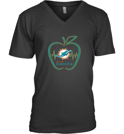 Apple Heartbeat Teacher Symbol Miami Dolphins V-Neck T-Shirt