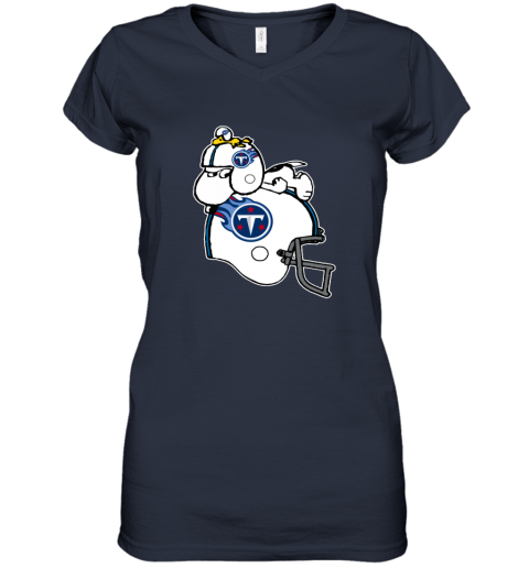 Snoopy And Woodstock Resting On Tennessee Titans Helmet 4itz snoopy and woodstock resting on tennessee titans helmet women v neck t shirt 39 front navy