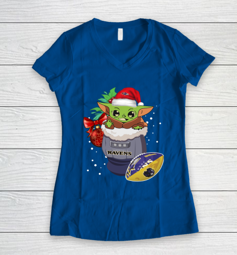Baltimore Ravens Christmas Baby Yoda Star Wars Funny Happy NFL Women's V-Neck T-Shirt 9
