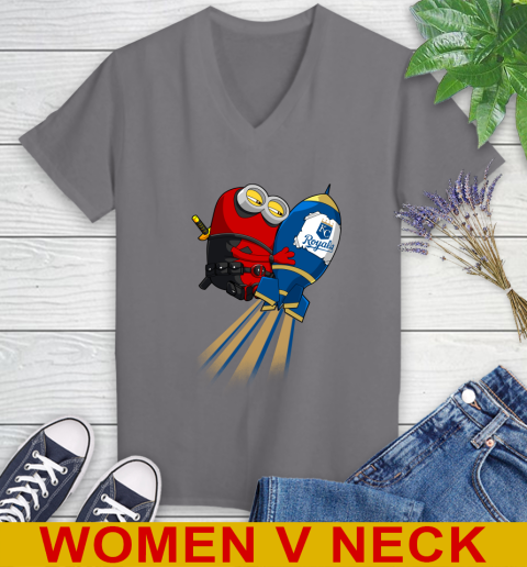 MLB Baseball Kansas City Royals Deadpool Minion Marvel Shirt Women's V-Neck T-Shirt 11