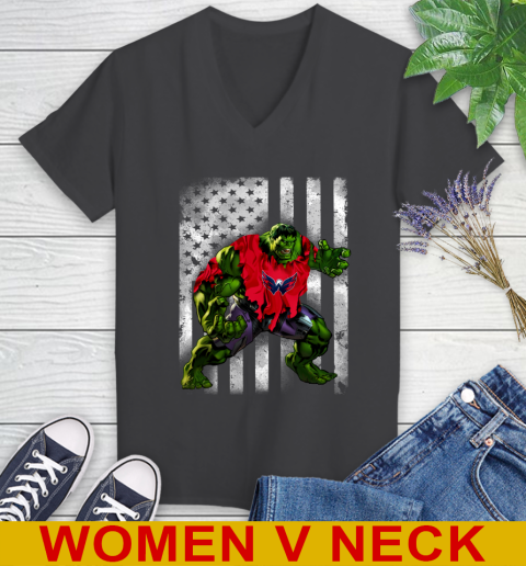 Washington Capitals Hulk Marvel Avengers NHL Hockey American Flag Women's V-Neck T-Shirt 8