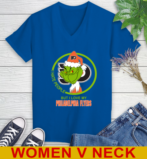 Philadelphia Flyers NHL Christmas Grinch I Hate People But I Love My Favorite Hockey Team Women's V-Neck T-Shirt 11
