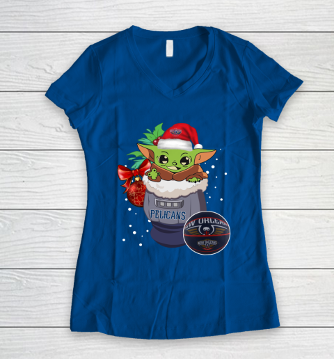 New Orleans Pelicans Christmas Baby Yoda Star Wars Funny Happy NBA Women's V-Neck T-Shirt 9