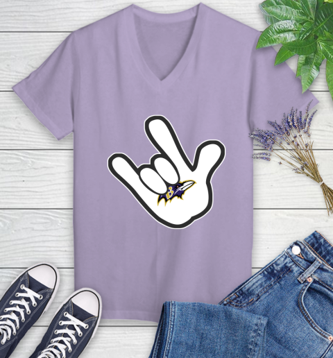 Baltimore Ravens NFL Football Mickey Rock Hand Disney Women's V-Neck T-Shirt 14