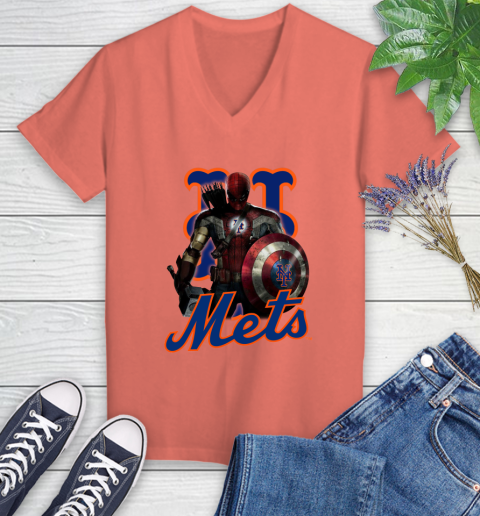 MLB Captain America Thor Spider Man Hawkeye Avengers Endgame Baseball New York Mets Women's V-Neck T-Shirt 6