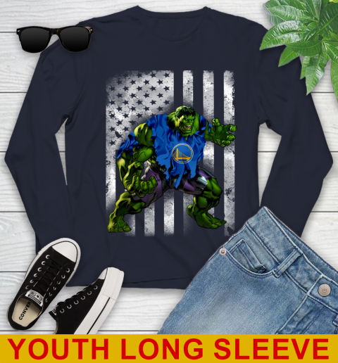 Golden State Warriors Hulk Marvel Avengers NBA Basketball American Flag Youth Long Sleeve 2