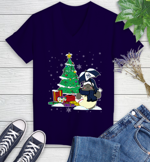 New York Yankees MLB Baseball Cute Tonari No Totoro Christmas Sports Women's V-Neck T-Shirt 3