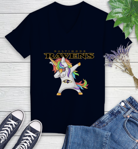 Baltimore Ravens NFL Football Funny Unicorn Dabbing Sports Women's V-Neck T-Shirt 3