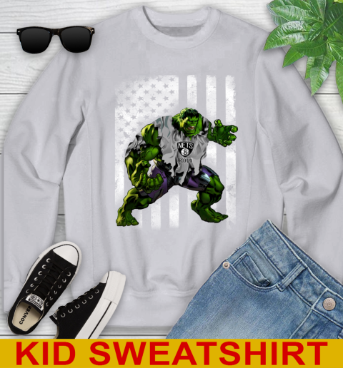 Brooklyn Nets Hulk Marvel Avengers NBA Basketball American Flag Youth Sweatshirt 3