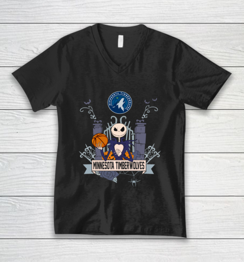 NBA Minnesota Timberwolves Basketball Jack Skellington Halloween V-Neck T-Shirt