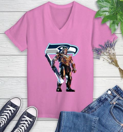 NFL Thanos Gauntlet Avengers Endgame Football Seattle Seahawks Women's V-Neck T-Shirt 14