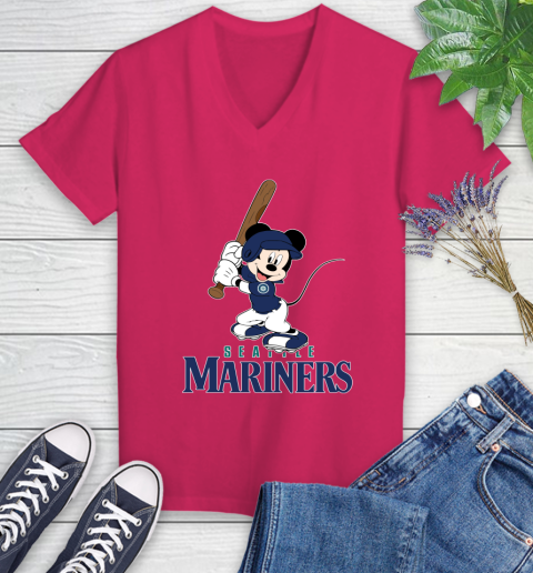 MLB Baseball Seattle Mariners Cheerful Mickey Mouse Shirt Women's V-Neck T-Shirt 8