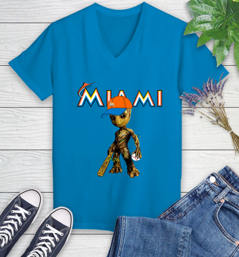 MLB Miami Marlins Groot Guardians Of The Galaxy Baseball Women's V-Neck T-Shirt 7