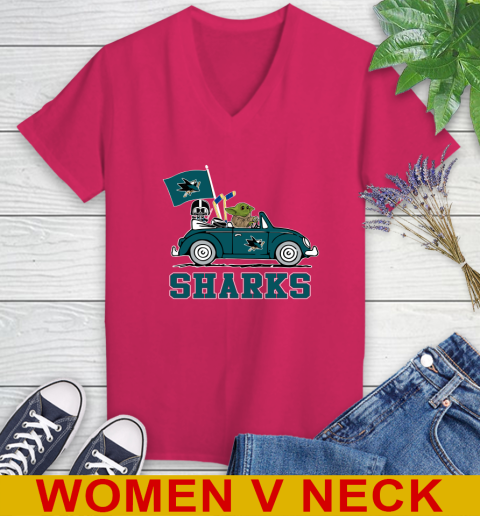 NHL Hockey San Jose Sharks Darth Vader Baby Yoda Driving Star Wars Shirt Women's V-Neck T-Shirt 10