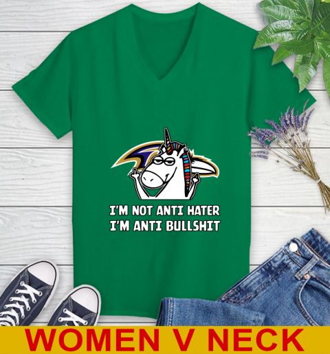 Baltimore Ravens NFL Football Unicorn I'm Not Anti Hater I'm Anti Bullshit Women's V-Neck T-Shirt 6