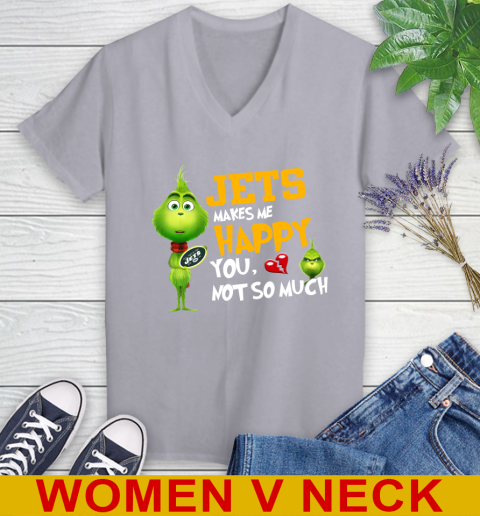NFL New York Jets Makes Me Happy You Not So Much Grinch Football Sports Women's V-Neck T-Shirt 4