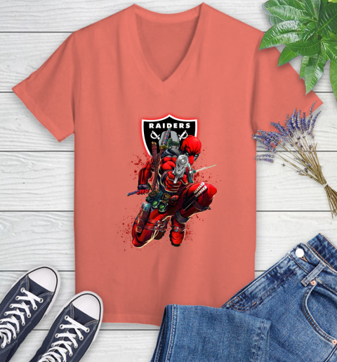 NFL Deadpool Marvel Comics Sports Football Oakland Raiders Women's V-Neck T-Shirt 6