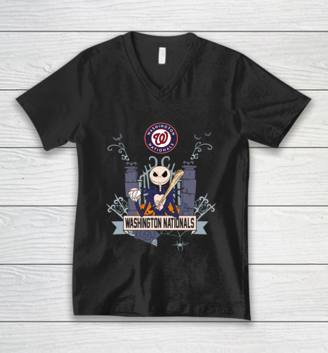 MLB Washington Nationals Baseball Jack Skellington Halloween V-Neck T-Shirt