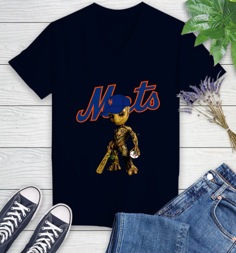 MLB New York Mets Groot Guardians Of The Galaxy Baseball Women's V-Neck T-Shirt 3
