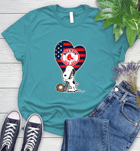 Boston Red Sox MLB Baseball The Peanuts Movie Adorable Snoopy Women's T-Shirt 12