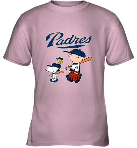 i2io san diego padres lets play baseball together snoopy mlb shirt youth t shirt 26 front light pink