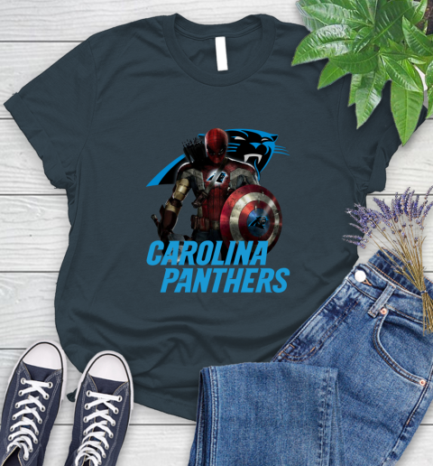 NFL Captain America Thor Spider Man Hawkeye Avengers Endgame Football Carolina Panthers Women's T-Shirt 8