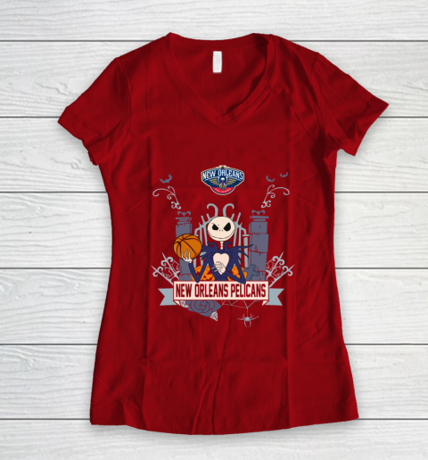 NBA New Orleans Pelicans Basketball Jack Skellington Halloween Women's V-Neck T-Shirt 8