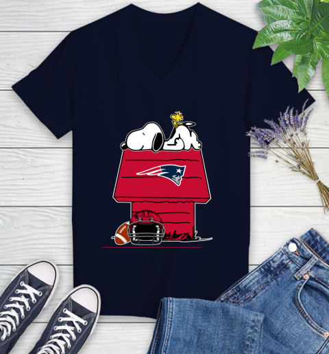 New England Patriots NFL Football Snoopy Woodstock The Peanuts Movie Women's V-Neck T-Shirt 3