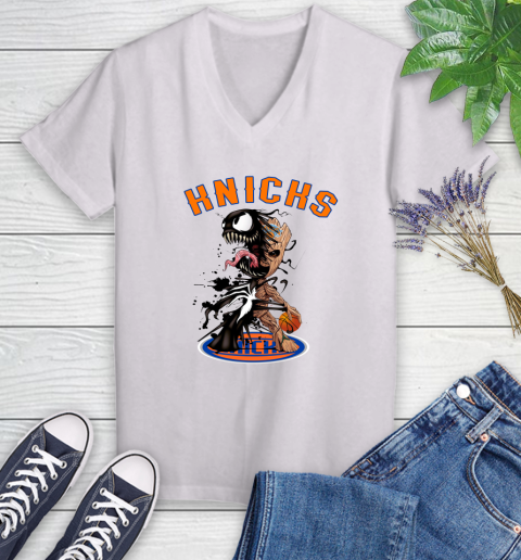 NBA New York Knicks Basketball Venom Groot Guardians Of The Galaxy Women's V-Neck T-Shirt