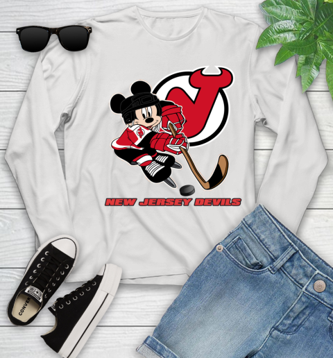 NHL New Jersey Devils Mickey Mouse Disney Hockey T Shirt Youth Long Sleeve