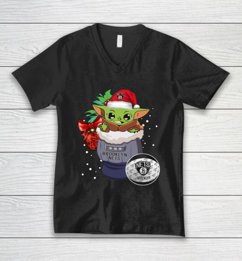 Brooklyn Nets Christmas Baby Yoda Star Wars Funny Happy NBA V-Neck T-Shirt