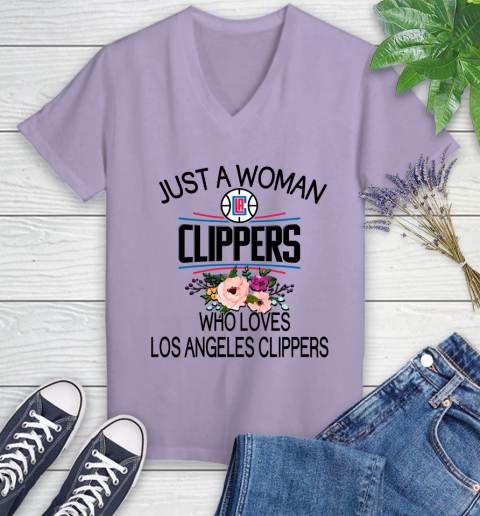 NBA Just A Woman Who Loves Los Angeles Clippers Basketball Sports Women's V-Neck T-Shirt 9