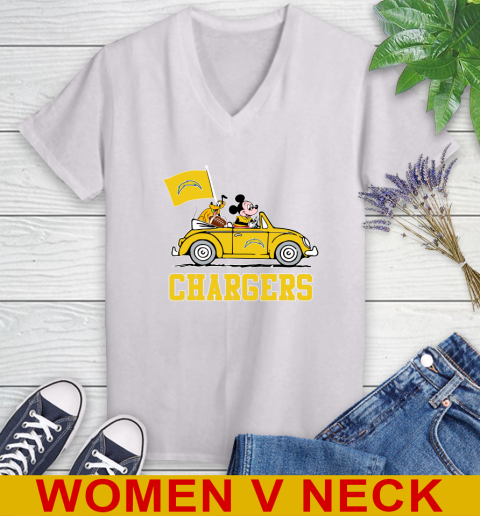 NFL Football Los Angeles Chargers Pluto Mickey Driving Disney Shirt Women's V-Neck T-Shirt