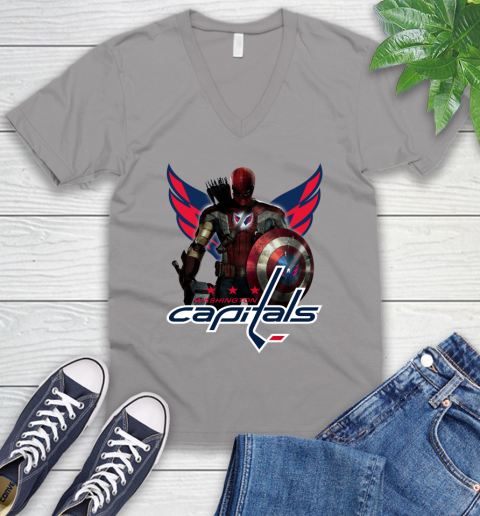 NHL Captain America Thor Spider Man Hawkeye Avengers Endgame Hockey Washington Capitals V-Neck T-Shirt 5 NHL Captain America Thor Spider Man Hawkeye Avengers Endgame Hockey Washington Capitals V-Neck T-Shirt - Image 5