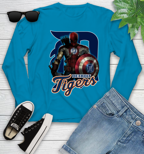 MLB Captain America Thor Spider Man Hawkeye Avengers Endgame Baseball Detroit Tigers Youth Long Sleeve 7