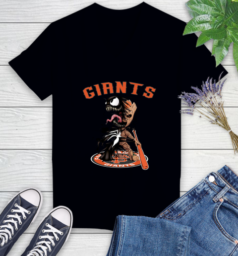 MLB San Francisco Giants Baseball Venom Groot Guardians Of The Galaxy Women's V-Neck T-Shirt 2