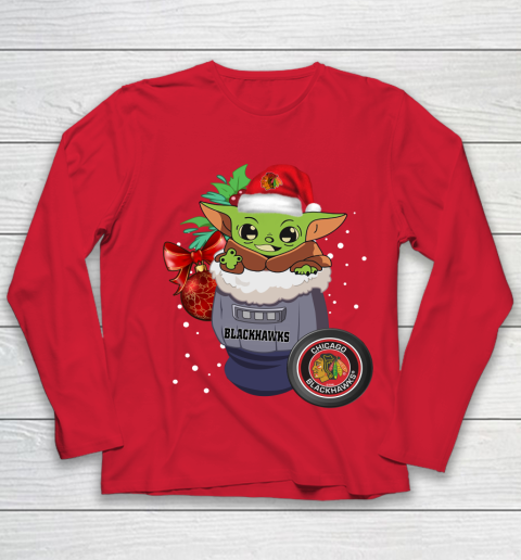 Chicago Blackhawks Christmas Baby Yoda Star Wars Funny Happy NHL Youth Long Sleeve 10