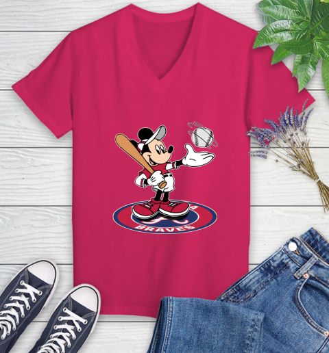 MLB Baseball Atlanta Braves Cheerful Mickey Disney Shirt Women's V-Neck T-Shirt 8
