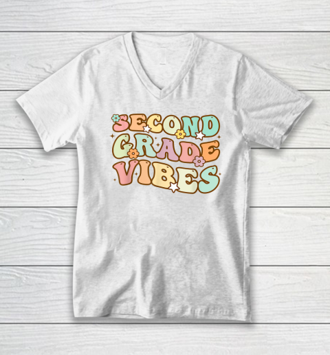Back To School Second Grade Vibes Retro Teacher V-Neck T-Shirt