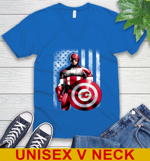 Calgary Flames NHL Hockey Captain America Marvel Avengers American Flag Shirt V-Neck T-Shirt 5