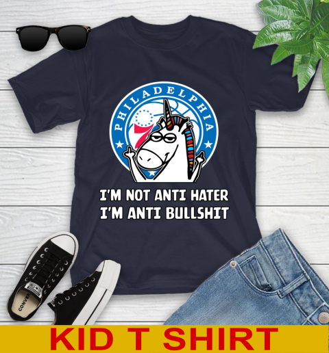 Philadelphia 76ers NBA Basketball Unicorn I'm Not Anti Hater I'm Anti Bullshit Youth T-Shirt - Image 4