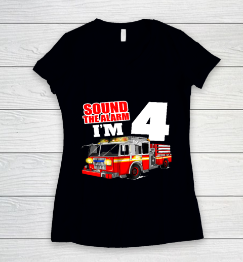 Kids Fire Truck 4th Birthday T Shirt Boy Firefighter 4 Years Old Women's V-Neck T-Shirt